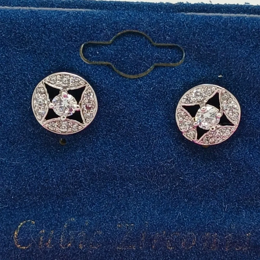Vintage 1990s Cubic Zirconia Silver Tone‎ Geometric Round Stud Earrings New